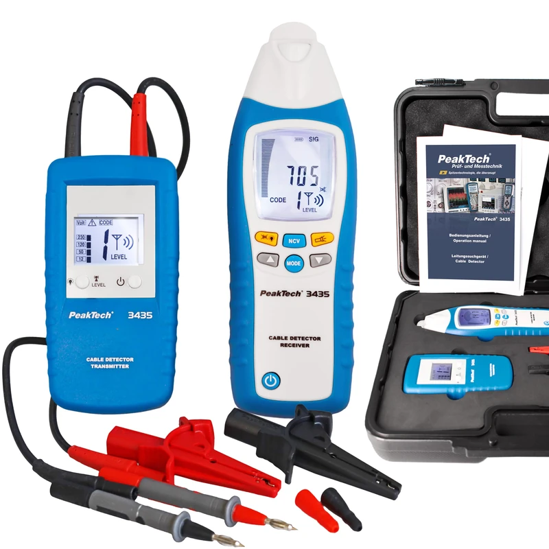 PeakTech 3435 - Line locator with transmitter & receiver for short circuits, fuses, metallic pipe systems, voltmeter, line finder in walls, ceilings, floors - reception depth: up to 2 meters