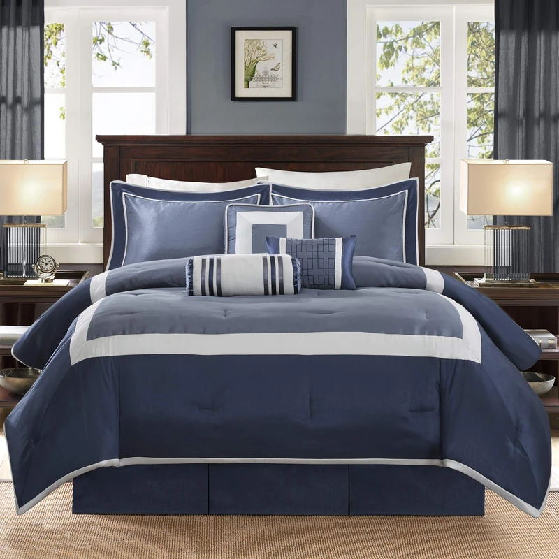 Madison Park All Season Down Alternative Luxury Bedding with Matching Shams, Decorative Pillows, Polyester, Genevieve, Navy, King(104"x92")