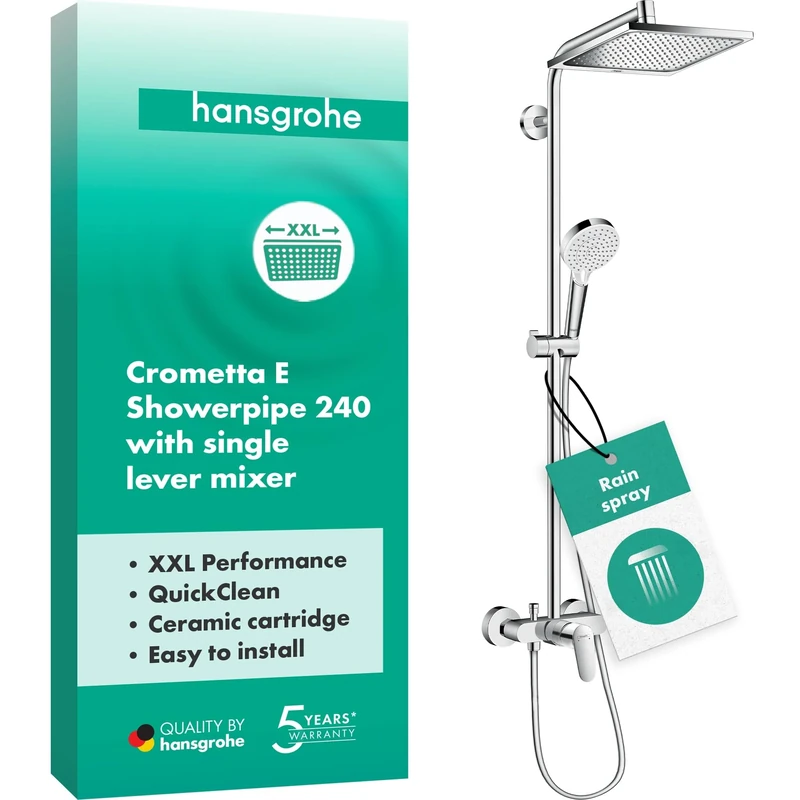 hansgrohe Crometta E - shower system with single lever tap, rainfall shower head (240 x 240 mm), hand shower (2 sprays), shower hose, shower rail and head shower square (1 spray), chrome, 27284000