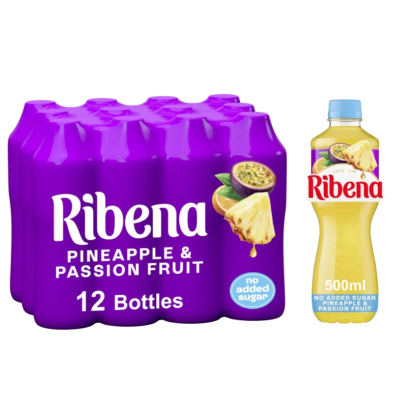 Ribena Pineapple and Passion Fruit Juice Drink No Added Sugar 500ml Multipack of 12 | Real Fruit | Rich in Vitamin C | No Artificial Colours or Flavours | Tropical Refreshment | Ready To Drink