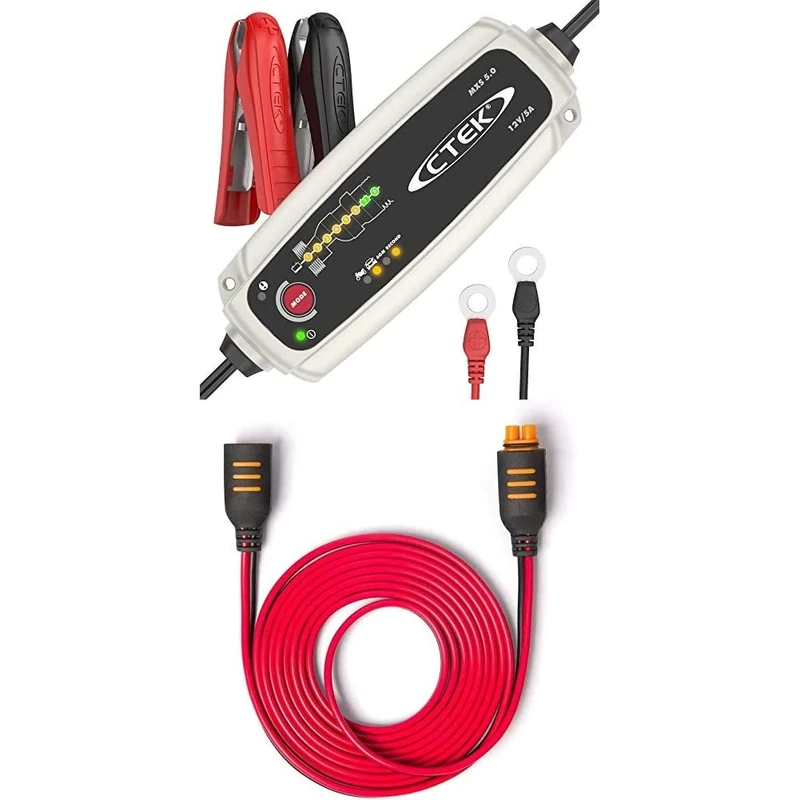 CTEK MXS 5.0 Battery Charger with Automatic Temperature Compensation and CTEK 56-304 Comfort Connect Extension Cable, 2.5 m