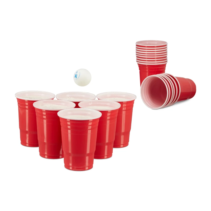 Relaxdays 50 Pack of Plastic Cups, American Beer Pong Party Cups for 473 ml / 16 oz, with Rim, Red