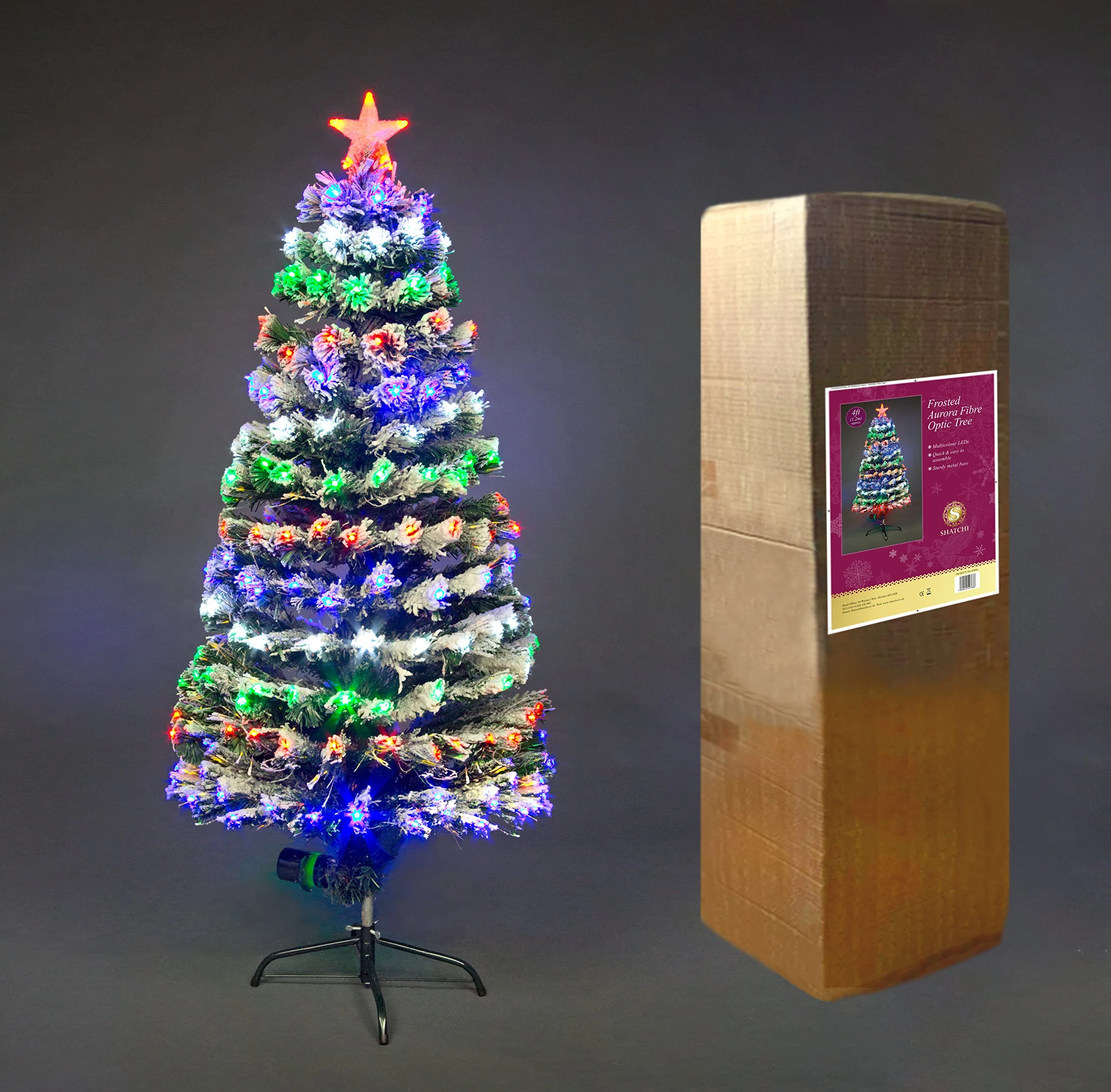 6Ft/180cm Snow-Frosted Fibre Optic Christmas Tree with Star Topper - Multicolor LEDs 8 Changing Light Modes - Pre-Lit Snowy Artificial Xmas Tree