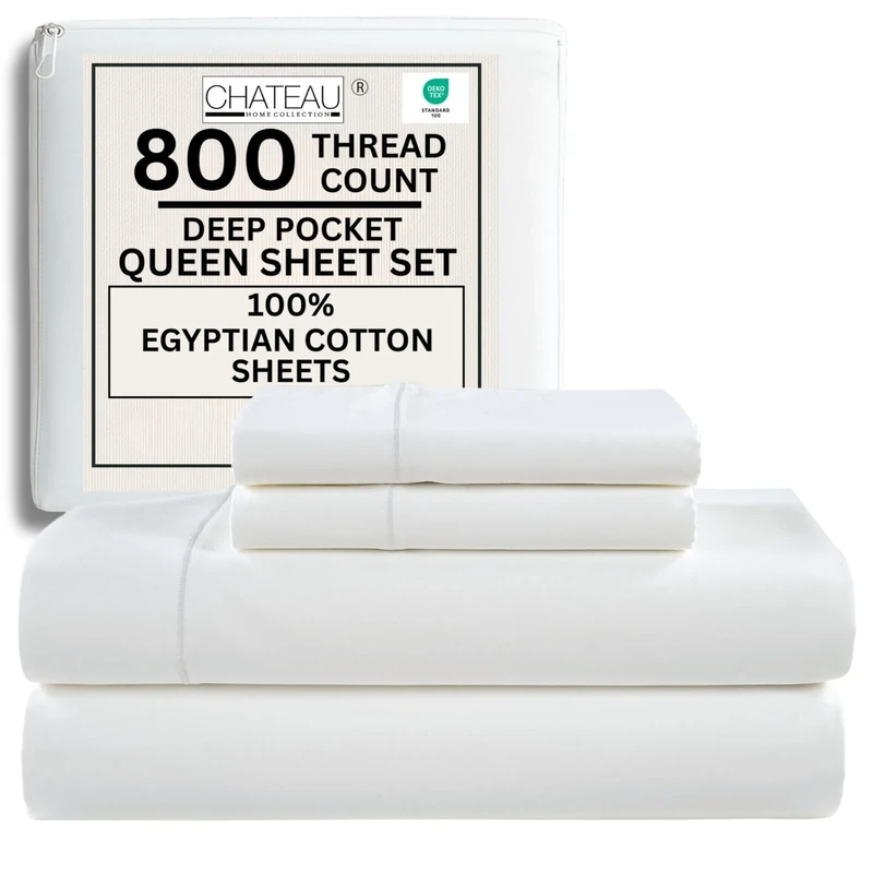 CHATEAU HOME COLLECTION Queen Size Bed Sheets, 800 Thread Count Egyptian Cotton, 4 Piece Set, White