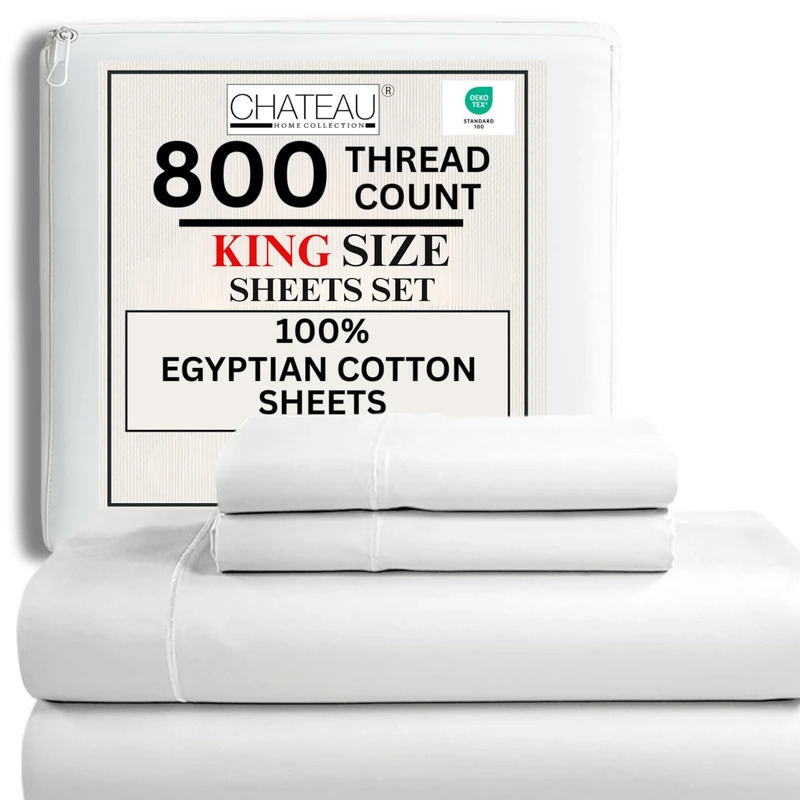 CHATEAU HOME COLLECTION King Size Sheet Set, 4 Piece, White, 800 Thread Count Egyptian Cotton, Luxury Hotel Collection Bedding