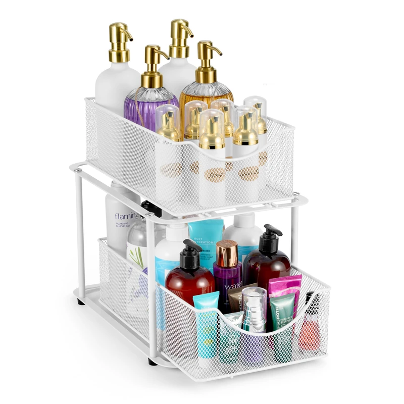 Sorbus 2 Tier Under the Sink Organizer Baskets with Mesh Sliding Drawers —Ideal for Cabinet, Countertop, Pantry, and Desktop, for Bathroom, Kitchen, Office, etc.—Made of Steel (White)