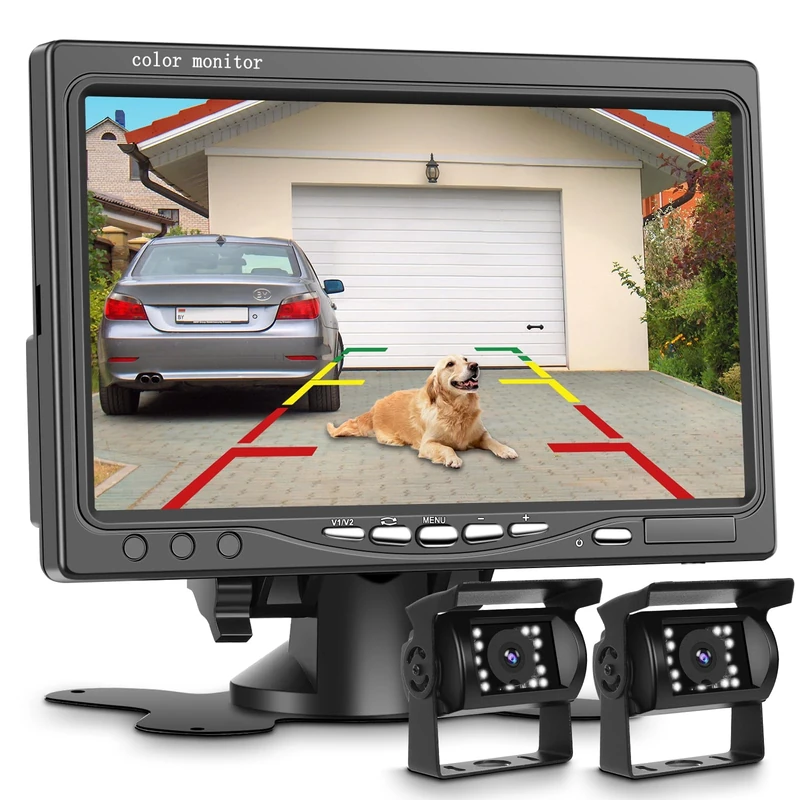 podofo K0083 Dual Backup Camera + 7 inch Monitor Kit, 12V-24V, Rear View Cameras with 18 IR Night Vision Waterproof Reverse Camera for Truck RV Bus Parking Assistance System - Image 1