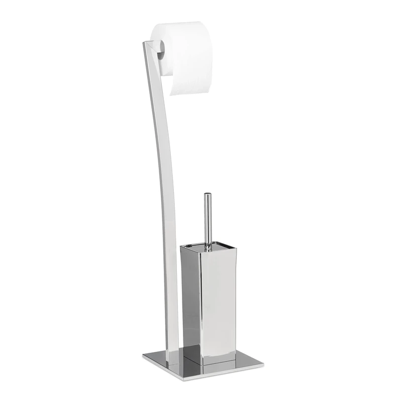 Relaxdays WIMEDO Toilet Brush and Holder, Size: 71 x 20 x 20 cm Toilet Paper Holder in Stainless Steel, Standing, Silver