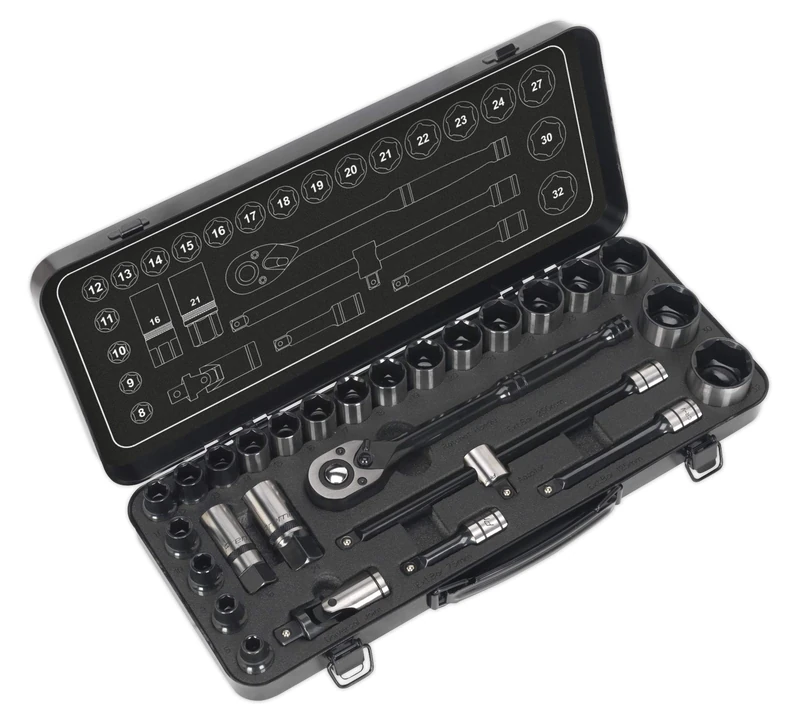 Sealey Ak7972 Socket Set 28Pc 1/2In Sq Drive 6Pt Walldrive Metric Black Series