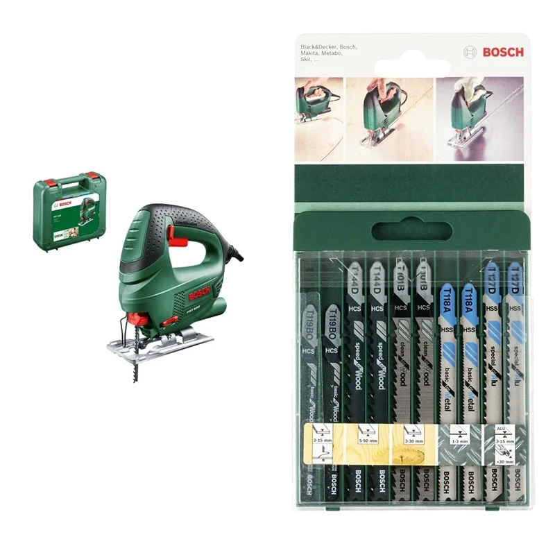 Bosch Home and Garden 06033A0770 Bosch PST 650-jig Saw, 500 W, 230 V, Green & 10-Piece Wood and Metal Jigsaw Blade Set (Wood and Metal, Accessories for Jigsaws, T Shank Socket)