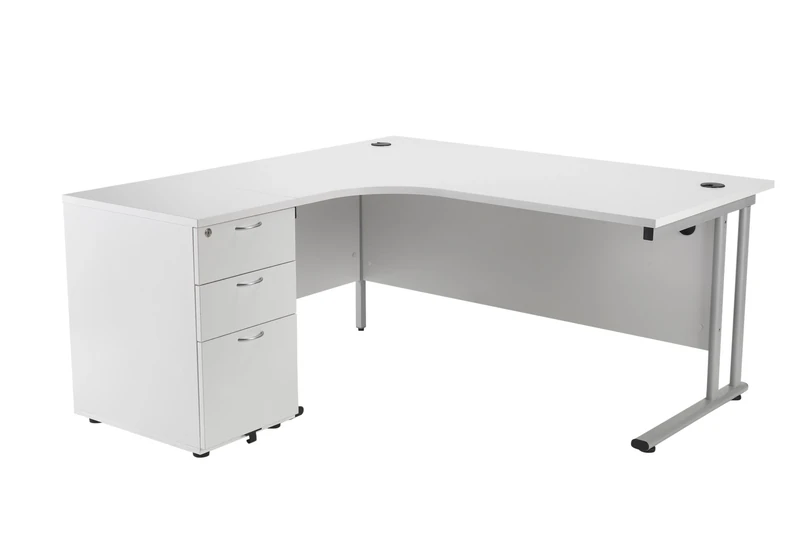 Office Hippo Heavy Duty Left Corner Radial Desk With 3 Drawer High Storage, Home Office Filing, PC Workstation for Office or Home, 5 Yr Warranty, MFC - White, Silver Frame, 160cm x 160.4cm