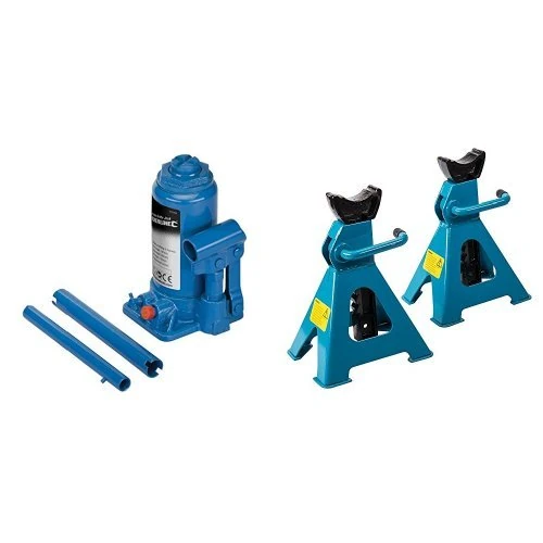 Silverline 457050 Hydraulic Bottle Jacks 6 Tonne and Silverline 763620 Axle Stand 3 Tonne - Set of 2