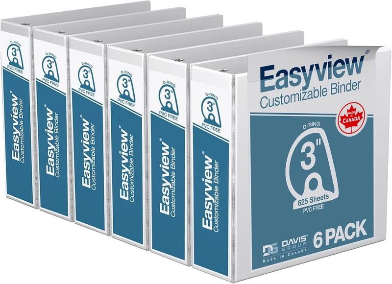 Easyview Premium 3-Ring Binders with Clear-View Covers and D Rings, Binders for School or Office, 3 Inch, Pack of 6, White