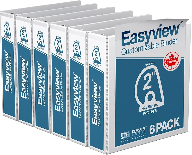 EasyView Premium 2-Inch Binders, 3-Ring Binders for School, Office, or Home, Pack of 6, D Ring, White