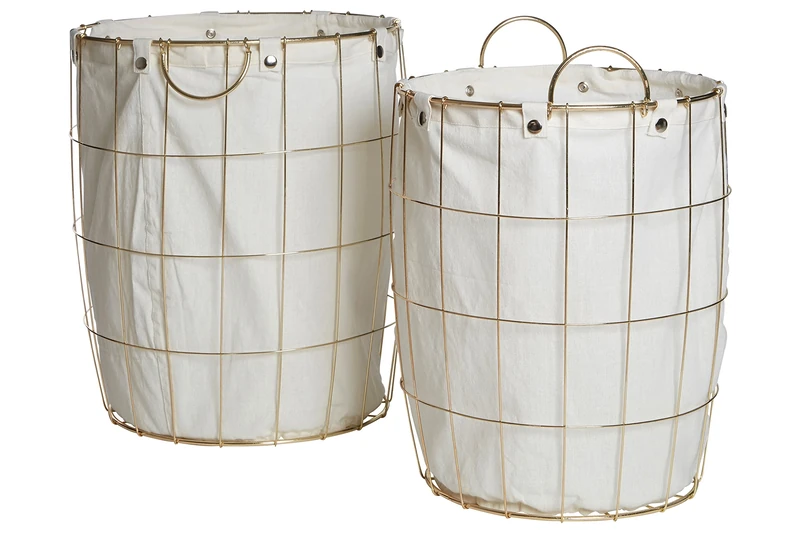 Premier Interiors Laundry Baskets Round Gold Wire Laundry Basket, Set of 2, Gold Plated Iron Wire/Cotton Mix Liner Gold