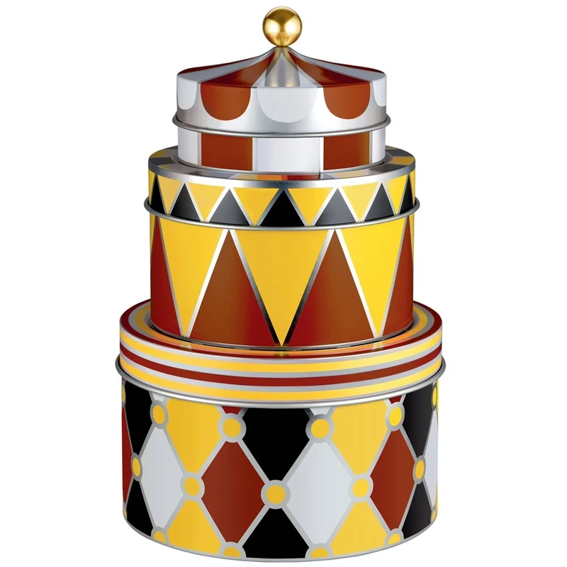 Alessi MW31S3 Circus Set of three all-purpose boxes in tinplate with decoration Ø cm 11,2 – h cm 8,3 / Ø 4 ½” – h 3 ¼” Ø cm 14,4 – h cm 9 h/Ø 5 ¾” – h 3 ½” Ø cm 17,6 – h cm 11 / Ø 7” – h 4 ¼”