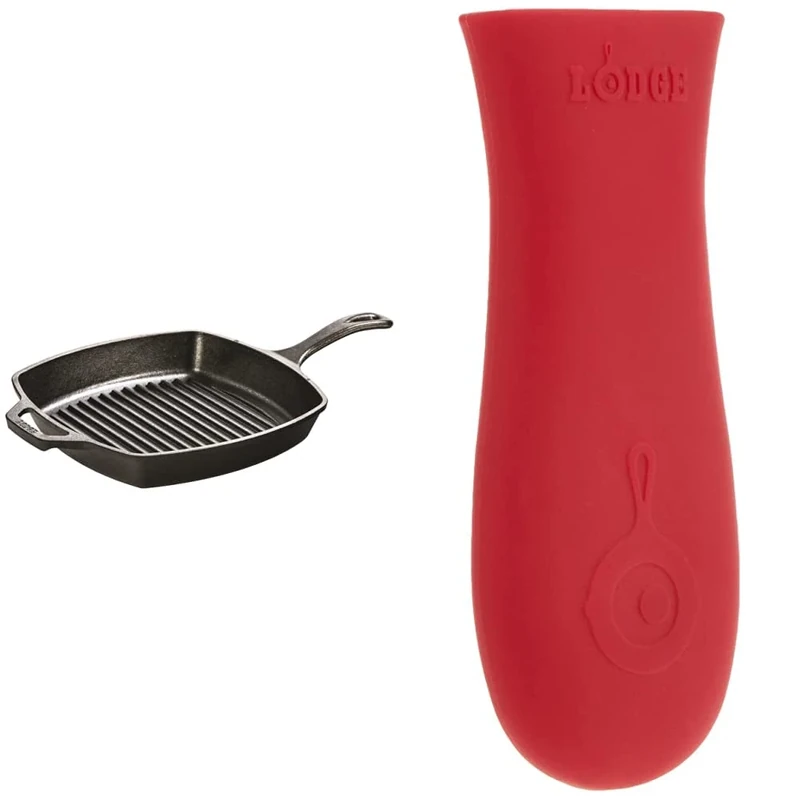 LODGE L8SGP3 26.6cm Pre-Seasoned Cast Iron Square Grill Pan/Fat-Free Fryer, Black Classic Silicone Hot Handle Holder, Red