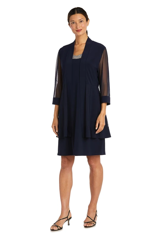 R&M Richards Women's 2 Piece Mesh Panel Beaded Neck Jacket Dress, Navy, 20