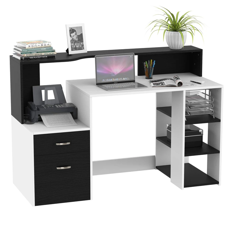 HOMCOM Wooden Computer Desk PC Table Modern Home Office Writing Workstation Furniture Printer Shelf Rack w/ Storage Drawer & Shelves (Black and white)