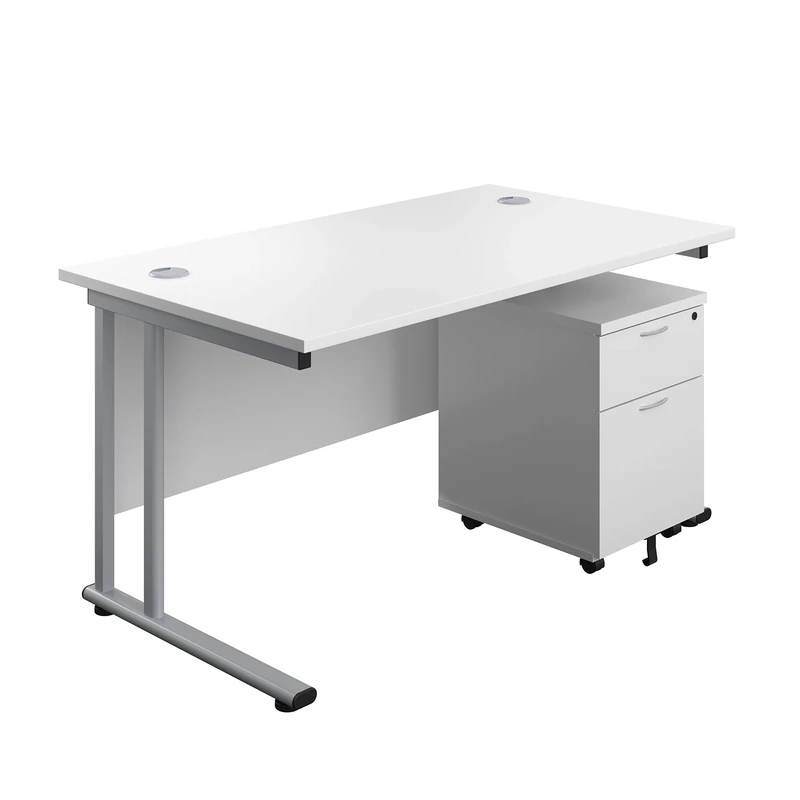 Office Hippo Professional Cantilever Office Desk With 2 Drawer Mobile Pedestal, Wood, White, Silver Frame, 140 x 80 x 73 cm