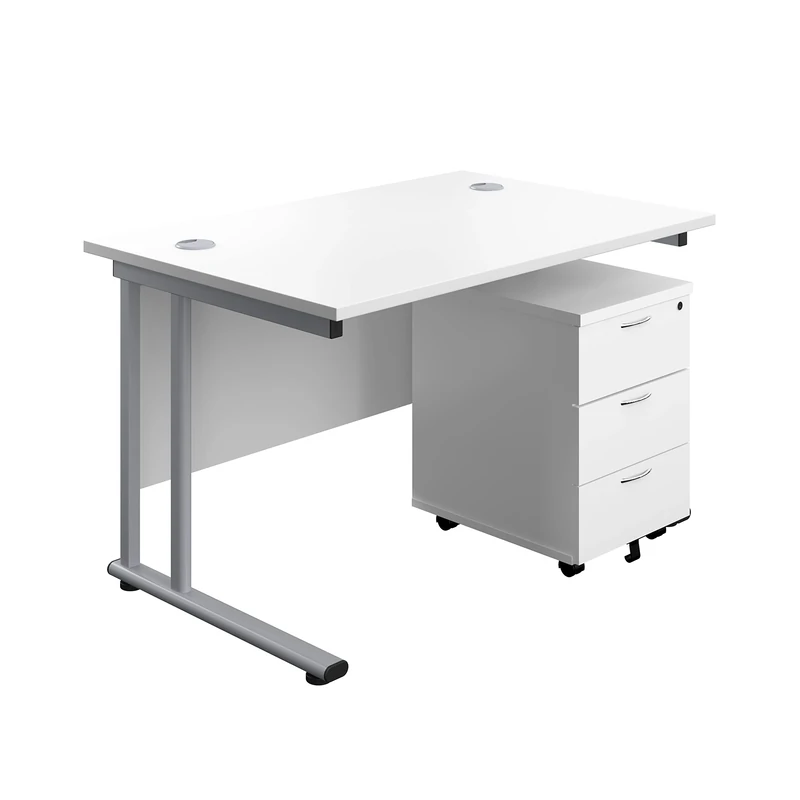 Office Hippo Professional Cantilever Office Desk With 3 Drawer Mobile Pedestal, Wood, White, Silver Frame, 120 x 80 x 73 cm
