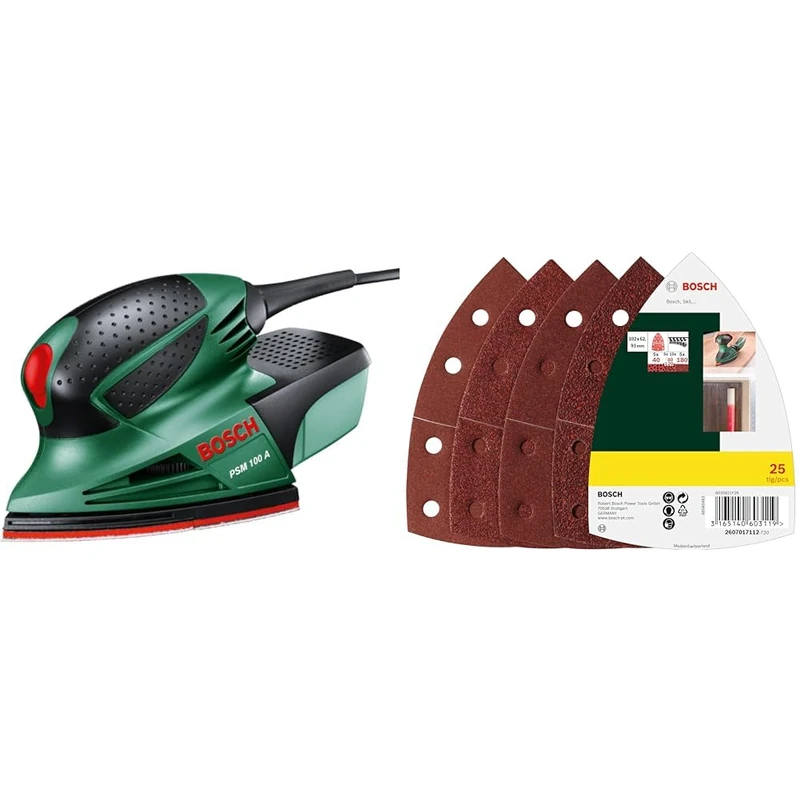 Bosch Multi Sander PSM 100 A (100 Watt, in case) + 25 pcs. Sanding Sheet Set (for Wood, Body Fillers, Paint, Varnish, Grit 40/80/120/180, 11 Holes, 102 x 62.93 mm, Accessories for Multi-Sanders)