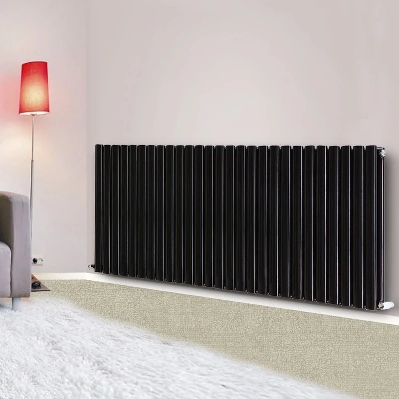NRG Modern Horizontal Column Designer Radiator Black 600x1593 Oval Double Panel - Home Livingroom Bedroom Bathroom Heater