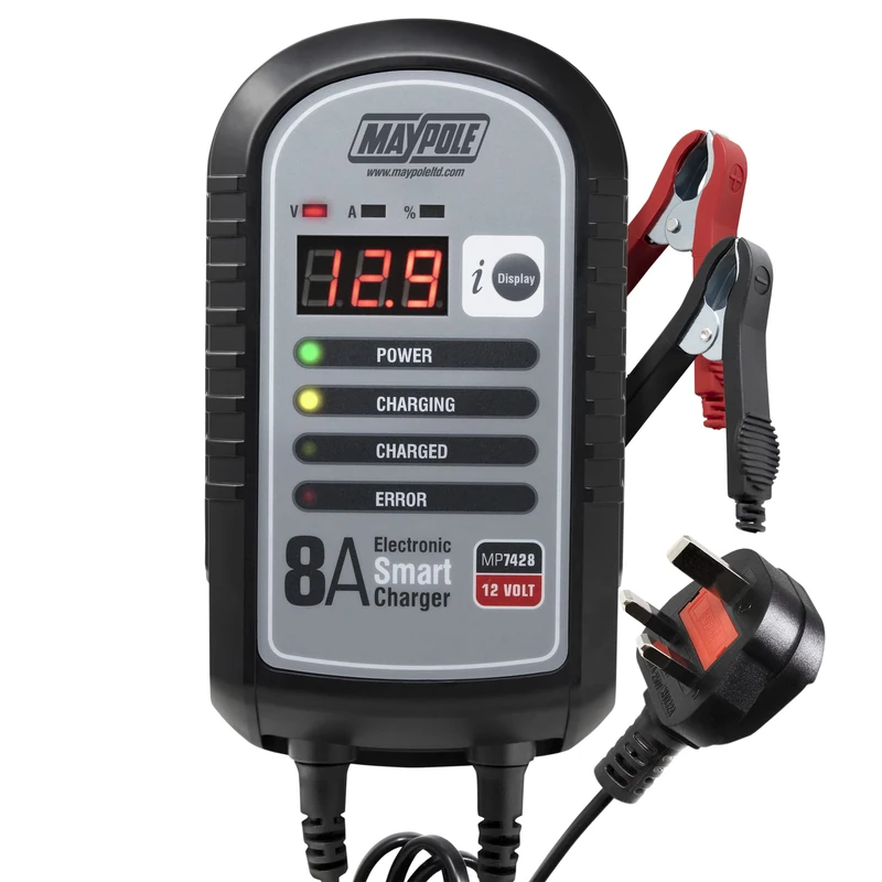 Maypole 8A 12V Electronic Smart Car Battery Charger Fully Automatic 9 Stage Charging Cycle Lead Acid AGM Car Van Caravan Motorhome Tractor - Image 1