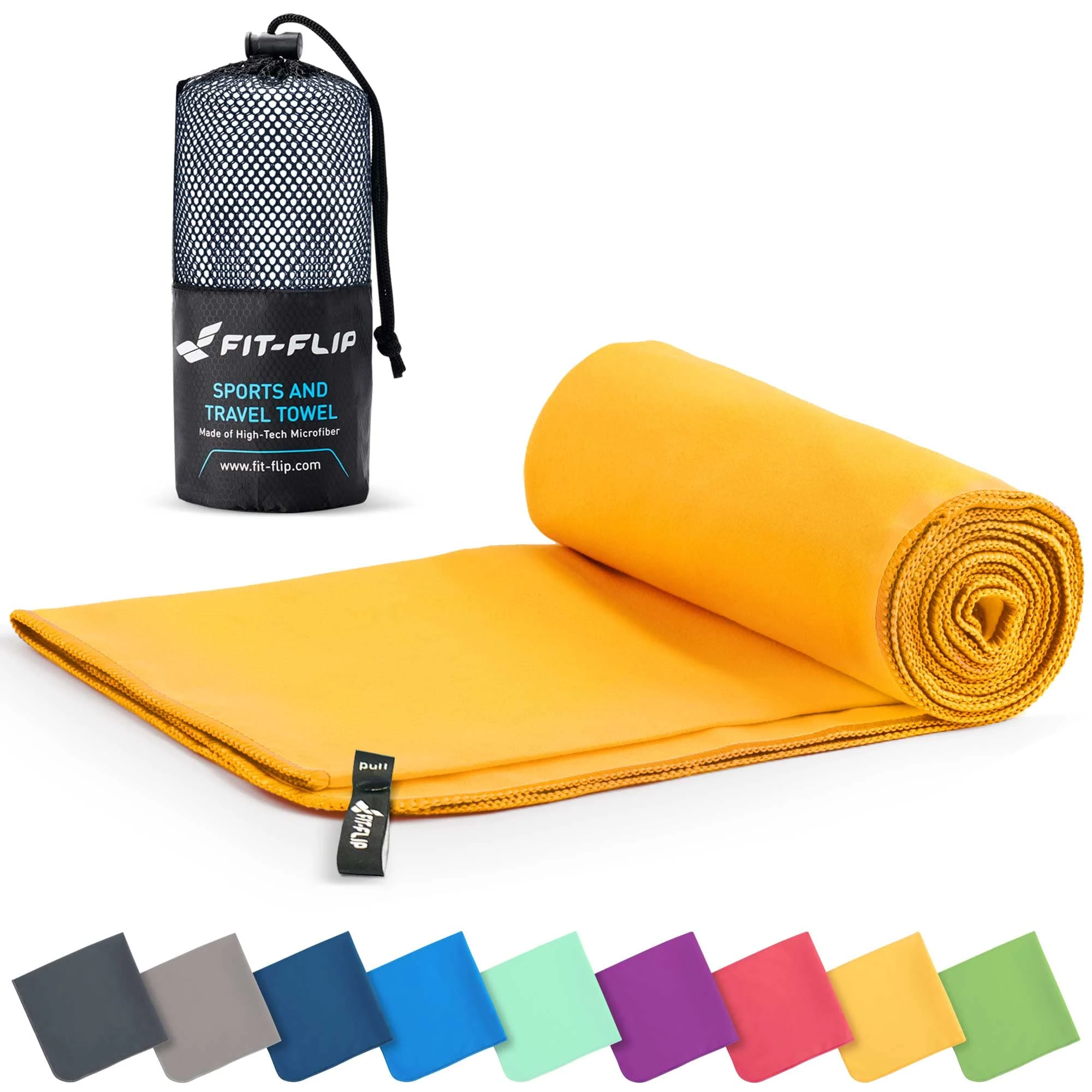 Fit-Flip Microfibre towel - compact, ultra lightweight & quick dry - perfect for gym, travel & beach - swimming towels for sports, camping & hiking (30x50cm yellow + bag)