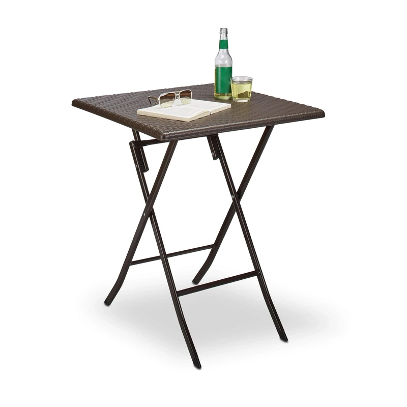 Relaxdays BASTIAN Garden Table Folding Table Square 74 x 61.5 x 61.5 cm for Backyard, Balcony or Patio with Metal Frame in Rattan Look as Side Table or Camping Table, Dark Brown