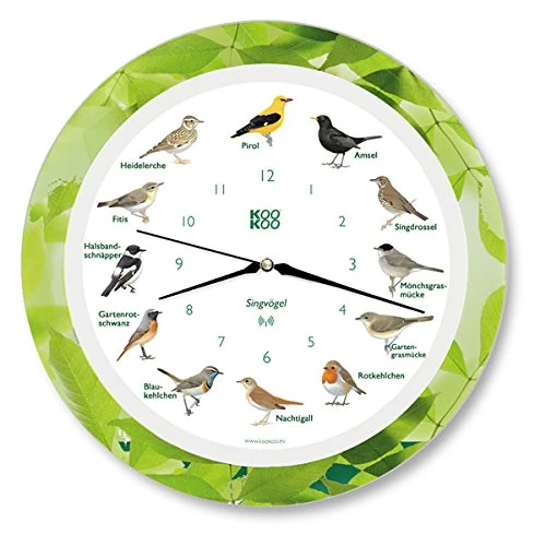 KOOKOO Songbirds Leaf The Singing Bird Clock with 12 Native Songbirds and Real Natural Bird Sounds with RC Radio Quartz Movement