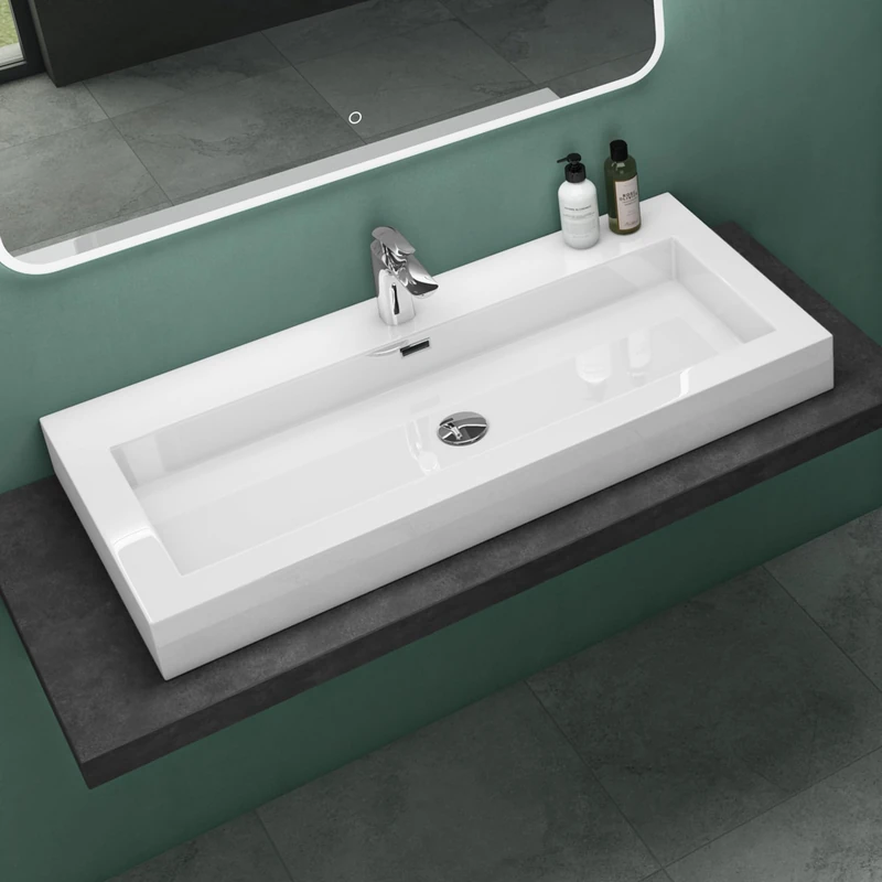 Mai & Mai Wall-Mounted Bathroom Basin 100cm Countertop Solid Surface Sink Colossum818 White Cast Marble Vanity Basin