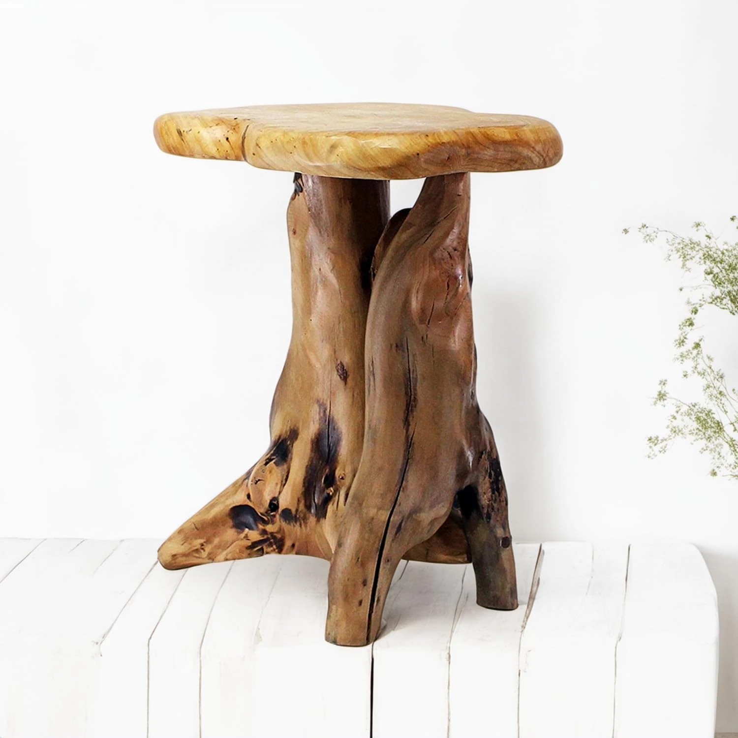 WELLAND Cedar Root Wood Log Side Table, End Table, Rustic Primitive Natural Live Edge