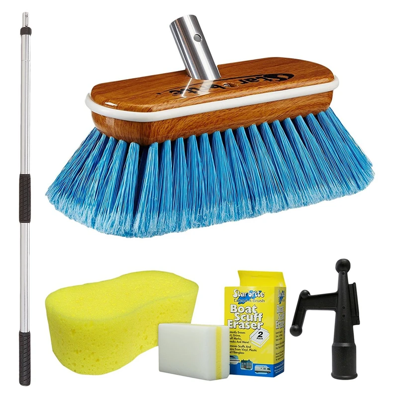 STAR BRITE Premium Combo-3' -6' Handle with 8" Medium Fiber Synthetic Wood Block Brush (BLUE) with Bumper + BONUS ITEMS Hook Attachment + Boat Scuff Eraser + Giant Sponge, Aluminum - Image 1
