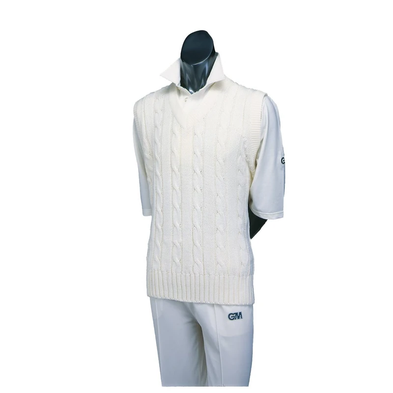 Gunn & Moore GM | Cricket Sweater Jumper | Classic Heavy Cable Knit | Sleeveless | Plain Cream | 3XL to fit Chest 48"