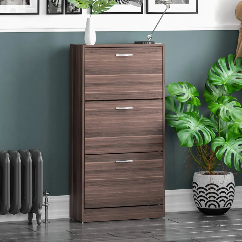 Vida Designs Shoe Cabinet, Wooden Shoe Storage Unit with 3 Pull-Down Drawers, Multifunctional Dust-Proof Space-Saving Slim Cupboard for Hallway or Entryway (Walnut)
