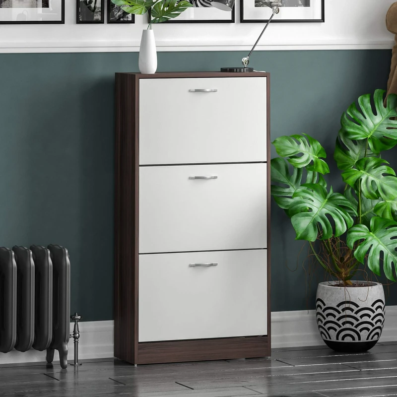 Vida Designs Shoe Cabinet, Wooden Shoe Storage Unit with 3 Pull-Down Drawers, Multifunctional Dust-Proof Space-Saving Slim Cupboard for Hallway or Entryway (Walnut & White)
