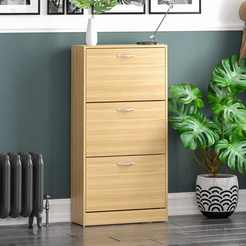 Vida Designs Shoe Cabinet, Wooden Shoe Storage Unit with 3 Pull-Down Drawers, Multifunctional Dust-Proof Space-Saving Slim Cupboard for Hallway or Entryway (Pine)