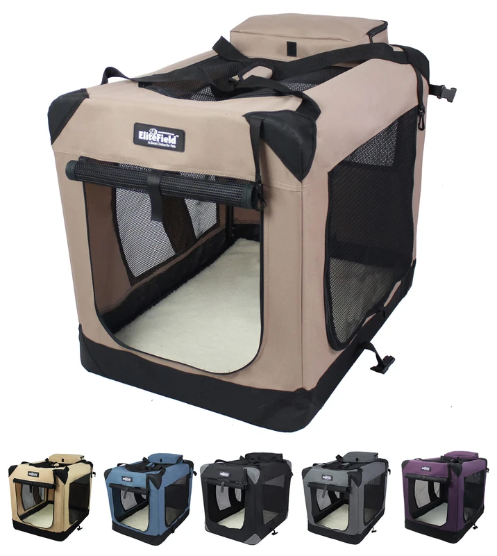 EliteField 3-Door Folding Soft Dog Crate, Indoor & Outdoor Pet Home, Multiple Sizes and Colors Available (30" L x 21" W x 24" H, Khaki)