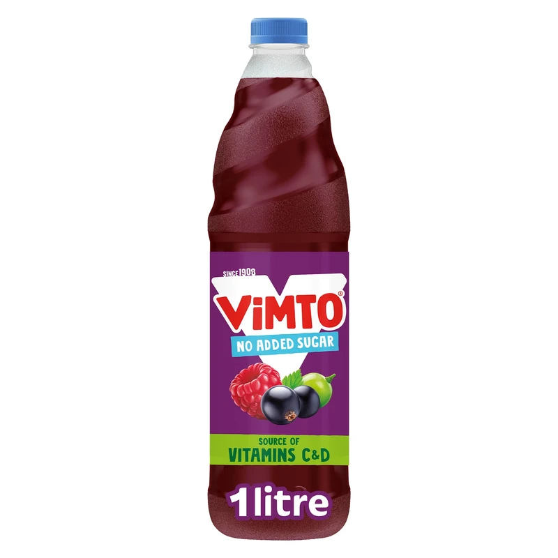 Vimto Real Fruit Squash Original No Added Sugar Mixed Fruit Juice Cordial Drink, Blackcurrant, Grape & Raspberry, 1 Litre Bottle