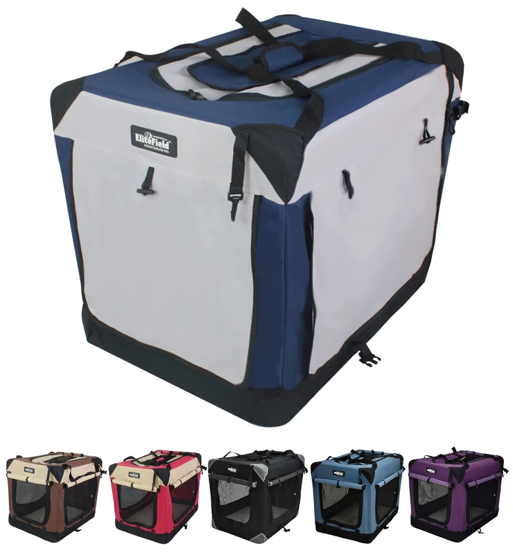 EliteField 4-Door Folding Soft Dog Crate with Curtains, Carrying Bag and Fleece Bed (2 Year Warranty), Indoor & Outdoor Pet Home (30" L x 21" W x 24" H, Navy Blue+Gray)