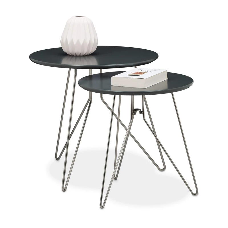 Relaxdays Side Table Set of 2, Wooden, 48 and 40 cm Diameters, in 2 Different Sizes, Matt Gray