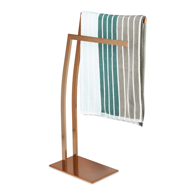 Relaxdays WIMEDO Corner Towel Rack, Size: 80 x 32 x 20 cm Stainless Steel Free-Standing Towel Stand with 2 Rails, Copper