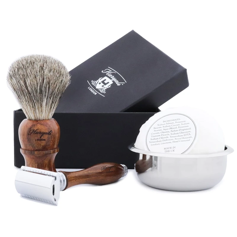 Haryali London, 4pcs Double Edge Safety Razor Set, DE Razor with Badger Hair Shaving Brush, Shaving Soap and Stainless Shaving Bowl, Reusable Razor, Traditional Wet Shavers