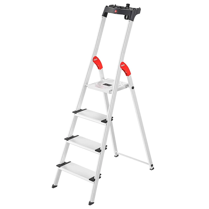 Hailo L80 ComfortLine Aluminium Safety Stepladder, 4 XXL Steps, Load Capacity up to 150 kg, Deep Base, Stepladder with Shelf, Folding Aluminium Ladder, Made in Germany, Rustproof Ladder, Silver