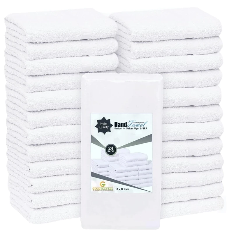GOLD TEXTILES 24 Pcs (2 Dozen) White 16x27 Inch Cotton Blend Economy Hand Towels Salon/Gym/Hotel Super use Absorbent Best for Kitchen,Janitorial,Home use Towels