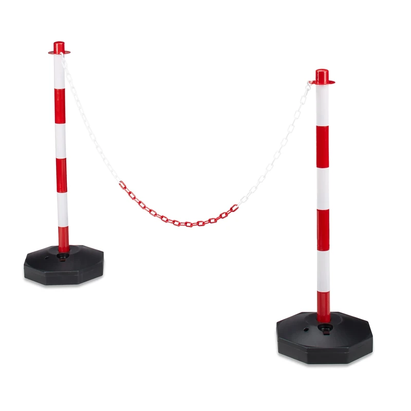 Relaxdays 2 Parking Barriers, Size: 82 x 56 x 28 cm Chain Barrier made of Plastic w/ Practical Chains to Save Parking Spaces w/ Sturdy Base to Fill w/ Water or Sand, Red / White