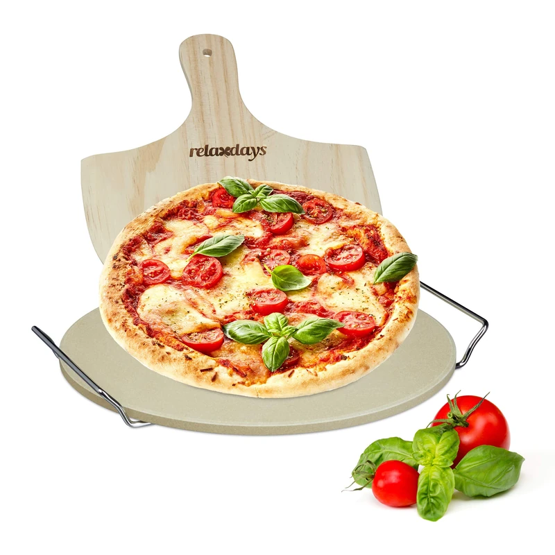 Relaxdays Pizza Stone Set 1 cm Thick, Metal Holder and Wooden Pizza Peel, Size: 4 x 32 x 32 cm, Natural