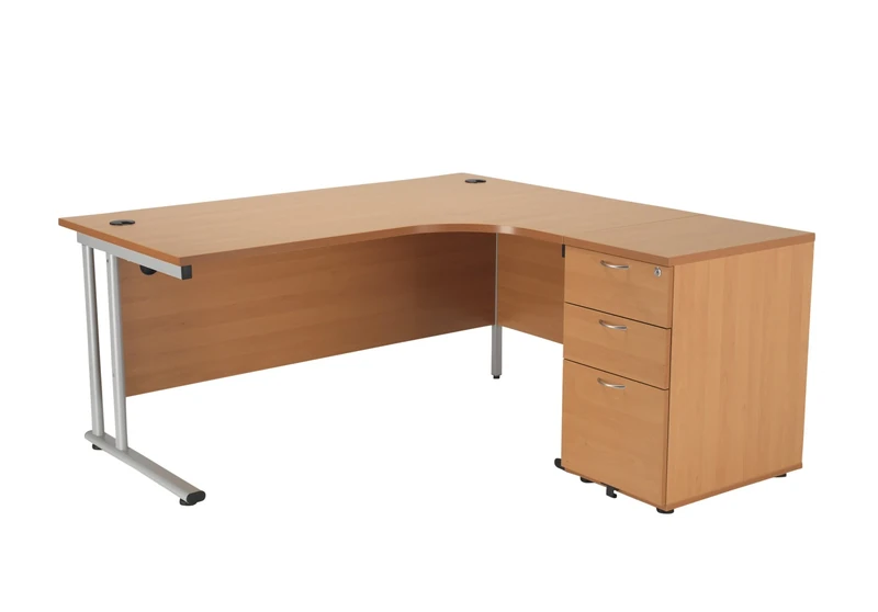 Office Hippo Heavy Duty Right Corner Radial Office Desk With 3 Drawer High Storage, Home or PC Desk, 5 Yr Wty, MFC -Beech Silver Frame, 160cm x 160.4cm