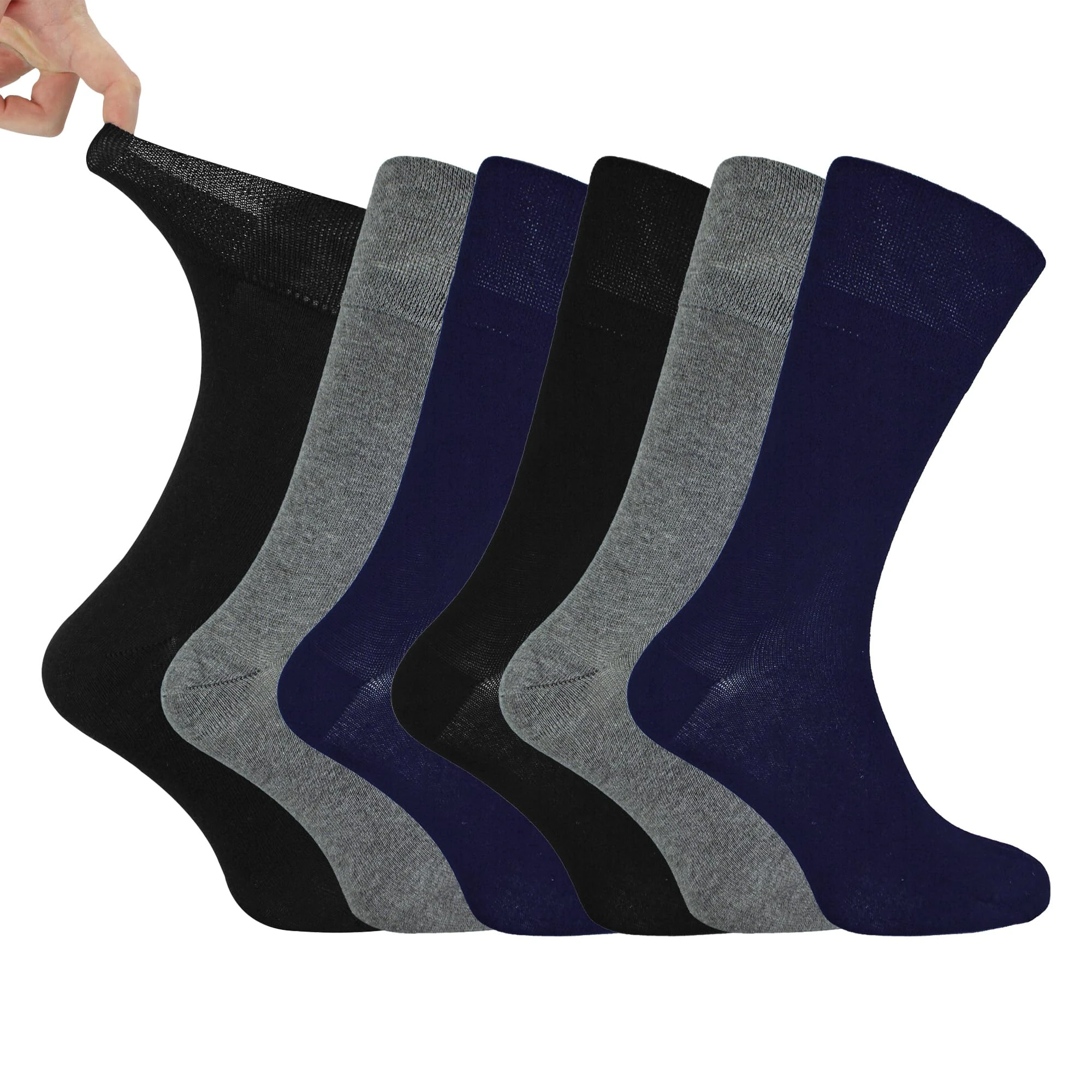 IOMI Footnurse - Mens 6 pack loose non elastic diabetic socks with hand linked toe seams 6-11 uk, Black/Navy/Grey, 6-11 UK
